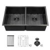 Double Bowl(50/50) Undermount Sink- 33"x19" Gunmetal Black Double Bowl Kitchen Sink 16 Gauge with Two 10" Deep Basin