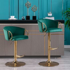 Set of 2 Bar Stools,with Chrome Footrest and Base Swivel Height Adjustable Mechanical Lifting Velvet + Golden Leg Simple Bar Stool-Green