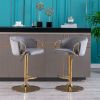 Set of 2 Bar Stools,with Chrome Footrest and Base Swivel Height Adjustable Mechanical Lifting Velvet + Golden Leg Simple Bar Stool-Grey