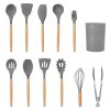 11Pcs Silicone Cooking Utensil Set Heat Resist Wooden Handle Silicone Spatula Turner Ladle Spaghetti Server Tongs